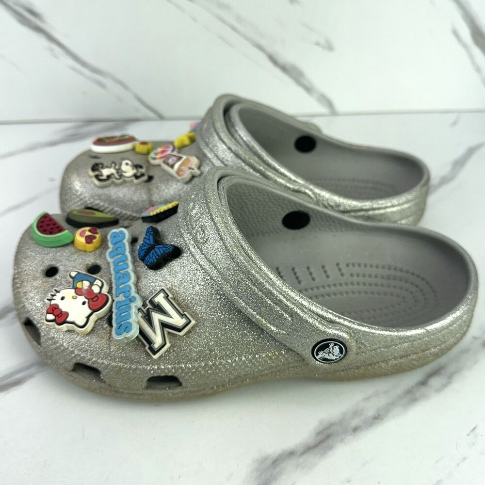 Crocs Classic Silver Glitter Clogs with Charms Slip On Shoes Womens 6 Mens 4 - Picture 3 of 6
